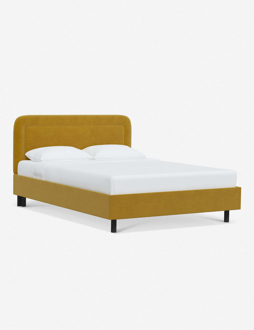#color::citronella-velvet #size::full #size::queen #size::king #size::cal-king | Angled view of the Gwendolyn Citronella Velvet Platform Bed