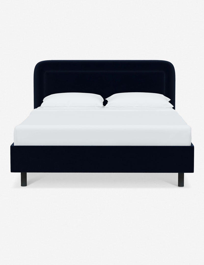 #color::navy-velvet #size::full #size::queen #size::king #size::cal-king | Gwendolyn Navy Velvet Platform Bed with soft rounded corners and an interior welt border