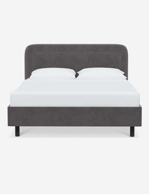 Gwendolyn Steel Velvet Platform Bed with soft rounded corners and an interior welt border