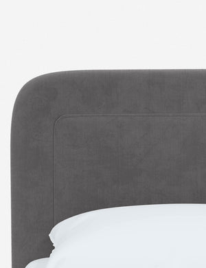 Close up of the rounded corners and interior welt border on the Gwendolyn Steel Velvet Platform Bed