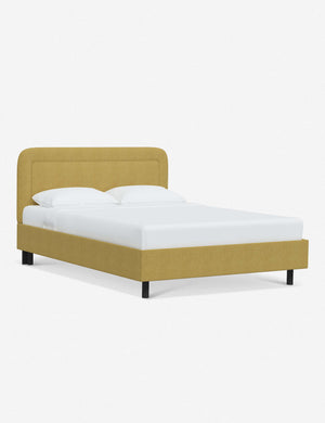 Angled view of the Gwendolyn Golden Linen Platform Bed