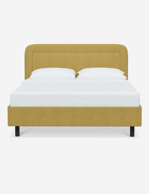 Gwendolyn Golden Linen Platform Bed with soft rounded corners and an interior welt border