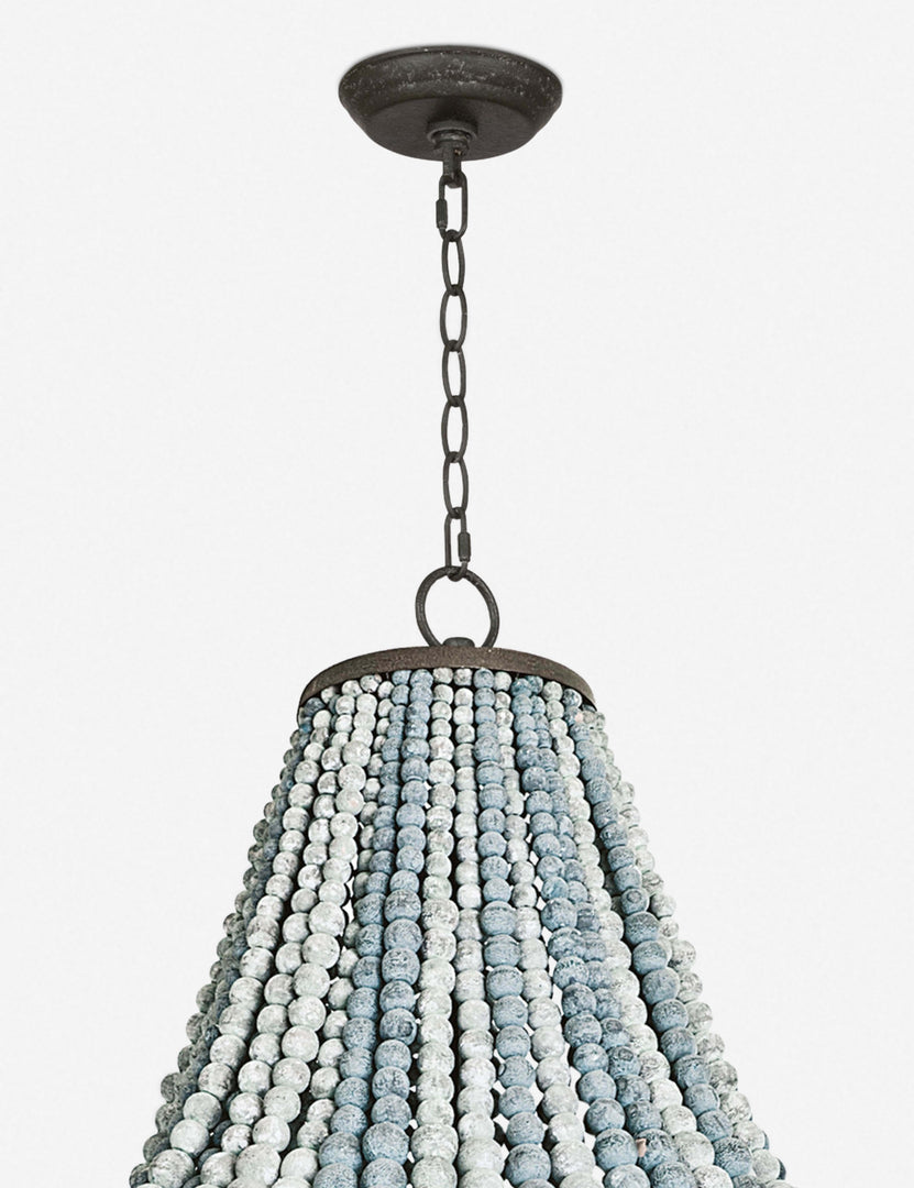 #color::blue | Close-up of the hanging chain for the Del blue wooden beaded chandelier.