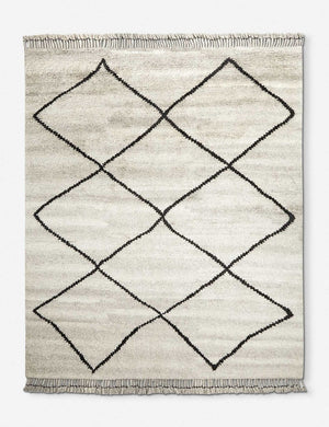 Aya gray hand-knotted moroccan wool gray shag rug with a black diamond pattern and fringe