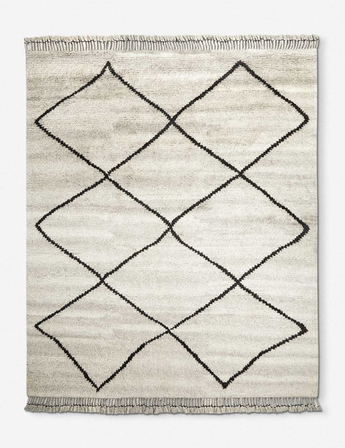 #size::3--x-5- #size::5--x-8- #size::8--x-10- #size::9--x-12- #size::10--x-14- #size::12--x-15- | Aya gray hand-knotted moroccan wool gray shag rug with a black diamond pattern and fringe