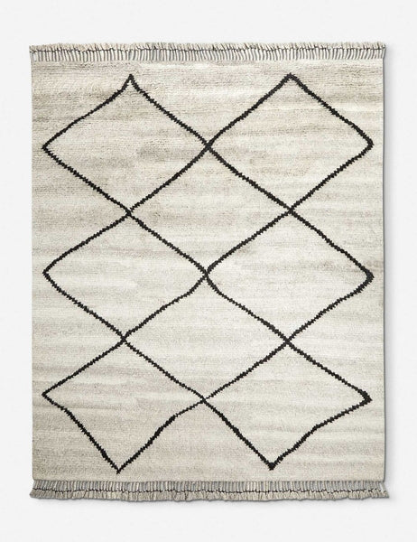 #size::3--x-5- #size::5--x-8- #size::8--x-10- #size::9--x-12- #size::10--x-14- #size::12--x-15- | Aya gray hand-knotted moroccan wool gray shag rug with a black diamond pattern and fringe
