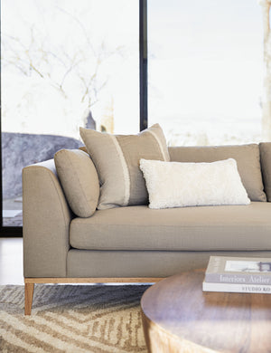 The Charleston pebble gray linen sofa sits against a large window atop a natural and ivory patterned rug