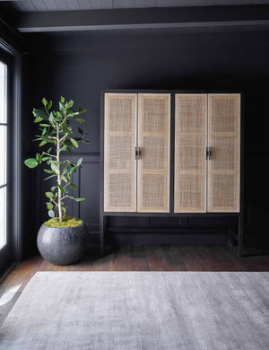 The gray dylan rug lays in a room with black walls next to a tall rattan sideboard and a gray planter with a tree