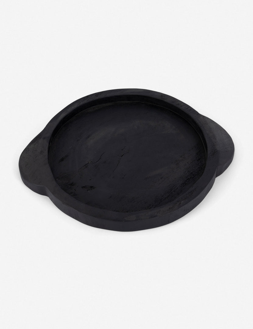 #color::carbonized-black #size::175--x-235--x-1975- | Angled view of the Lylah round wooden black tray