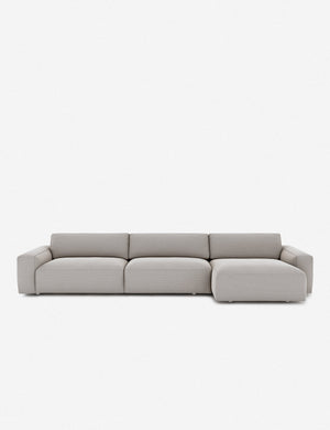 Mackenzie ash gray linen right-facing upholstered sectional sofa with low arms and deep seat cushions