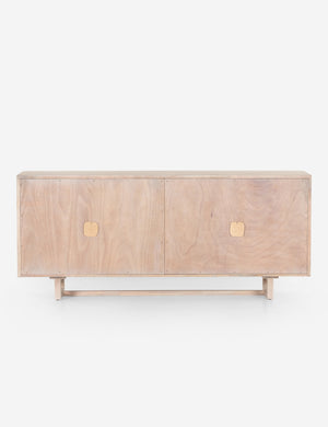 Rear view of the Margot whitewashed natural mango wood sideboard with cane doors.