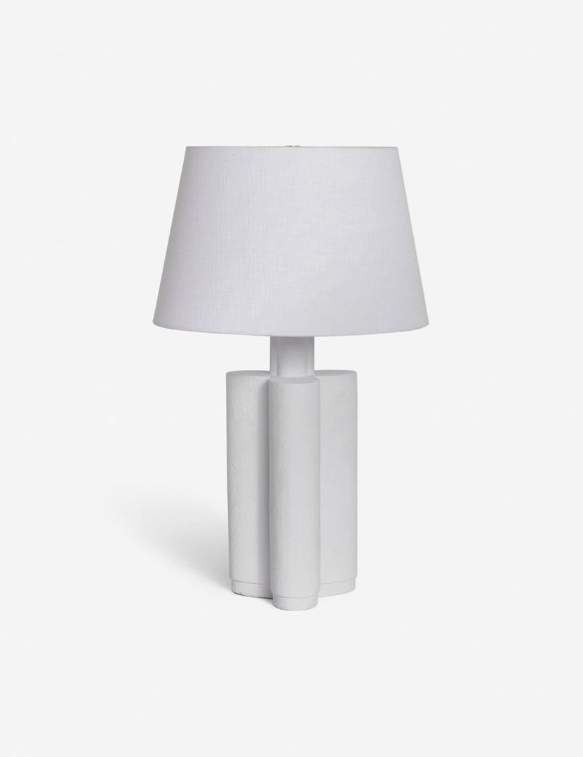 #color::white | Duffy white table lamp with a sculptural pedestal base and a white linen shade