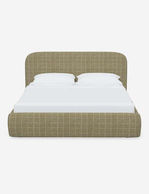 Nabiha upholstered Olive Grid platform bed with a rounded headboard