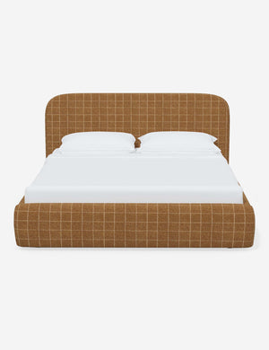 Nabiha upholstered Cognac Grid platform bed with a rounded headboard