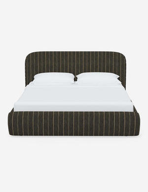 Nabiha upholstered Peppercorn Stripe platform bed with a rounded headboard
