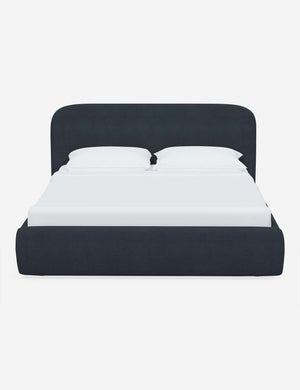 Nabiha upholstered Navy Linen platform bed with a rounded headboard