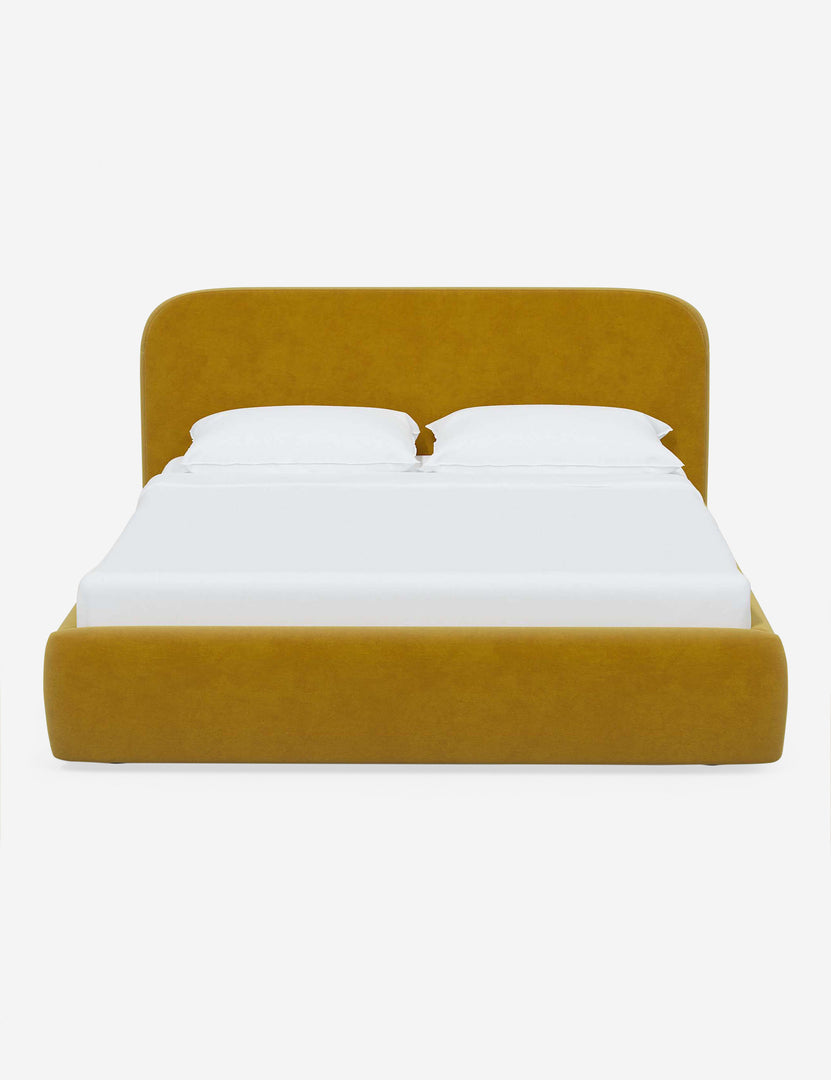 #color::citronella-velvet #size::twin #size::full #size::queen #size::king #size::cal-king | Nabiha upholstered Citronella Velvet platform bed with a rounded headboard