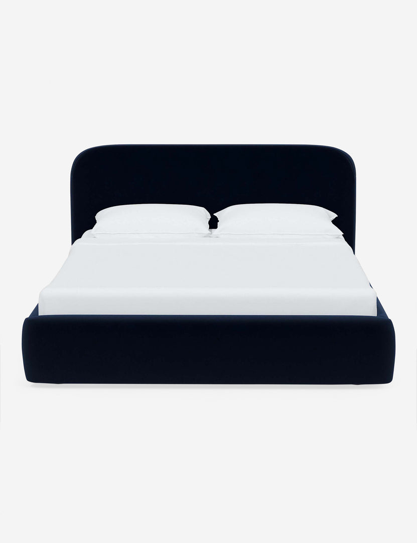 #color::navy-velvet #size::twin #size::full #size::queen #size::king #size::cal-king | Nabiha upholstered Navy Velvet platform bed with a rounded headboard