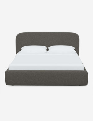 Nabiha upholstered Charcoal Linen platform bed with a rounded headboard