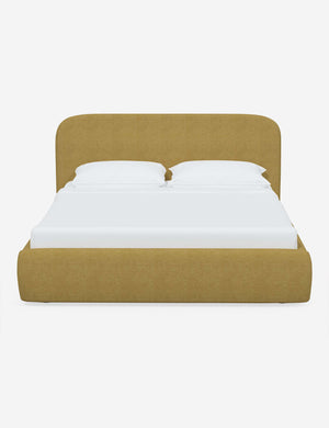 Nabiha upholstered Golden Linen platform bed with a rounded headboard