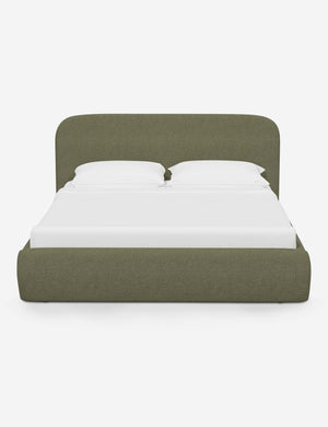 Nabiha upholstered Sage Linen platform bed with a rounded headboard