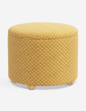 Kamila Hi-Lo Checker Goldenrod round 24-inch ottoman with storage space and pinewood feet by Sarah Sherman Samuel