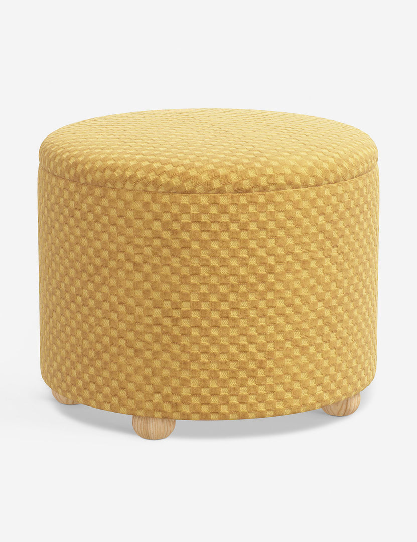 #color::hi-lo-checker-goldenrod-by-sarah-sherman-samuel #size::24-Dia | Kamila Hi-Lo Checker Goldenrod round 24-inch ottoman with storage space and pinewood feet by Sarah Sherman Samuel