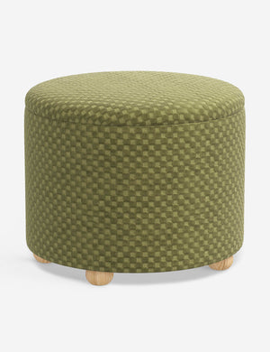Kamila Hi-Lo Checker Olive round 24-inch ottoman with storage space and pinewood feet by Sarah Sherman Samuel