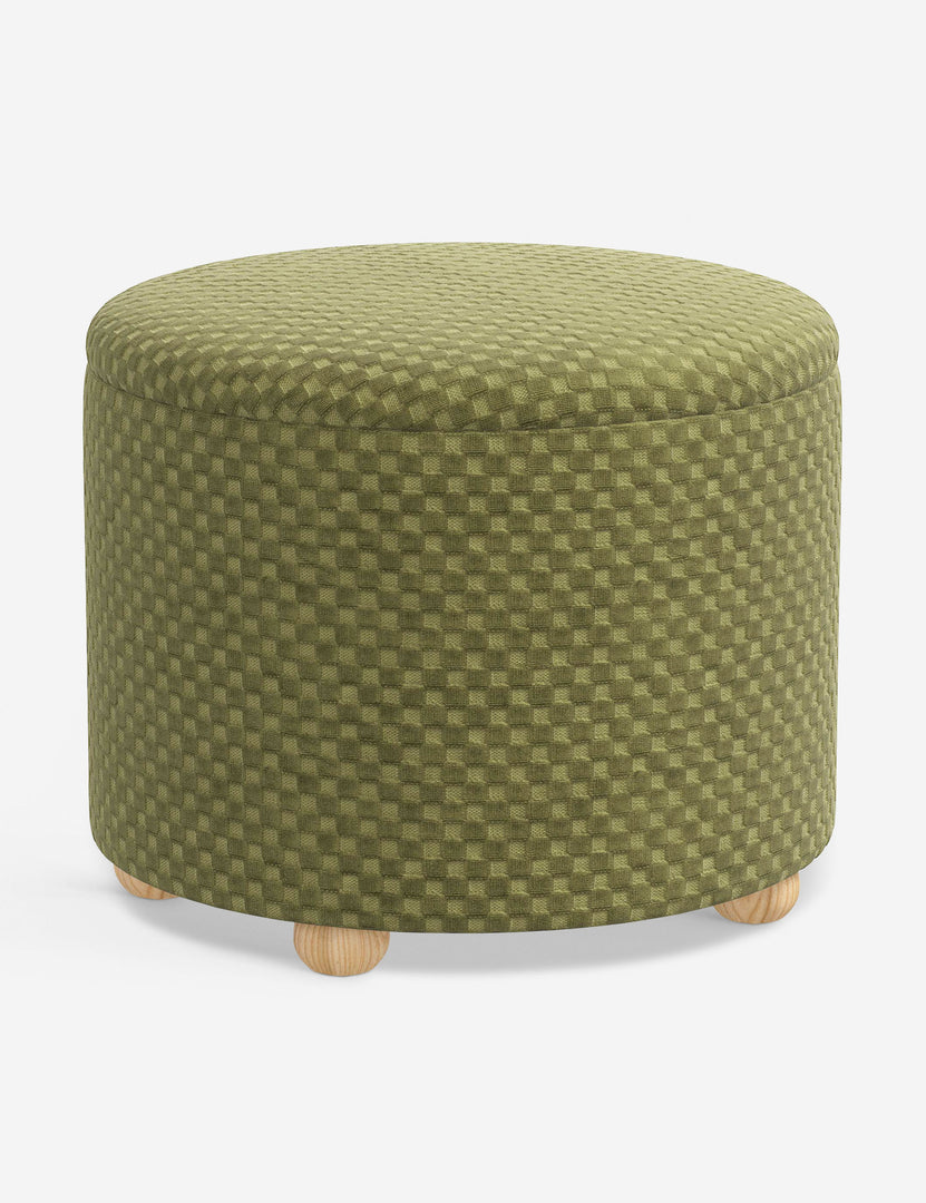 #color::hi-lo-checker-olive-by-sarah-sherman-samuel #size::24-Dia | Kamila Hi-Lo Checker Olive round 24-inch ottoman with storage space and pinewood feet by Sarah Sherman Samuel