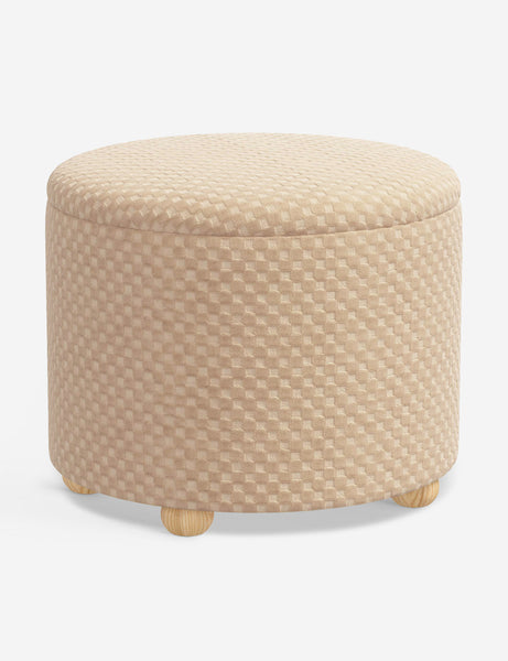 #color::hi-lo-checker-natural-by-sarah-sherman-samuel #size::24-Dia | Kamila Hi-Lo Checker Natural round 24-inch ottoman with storage space and pinewood feet by Sarah Sherman Samuel