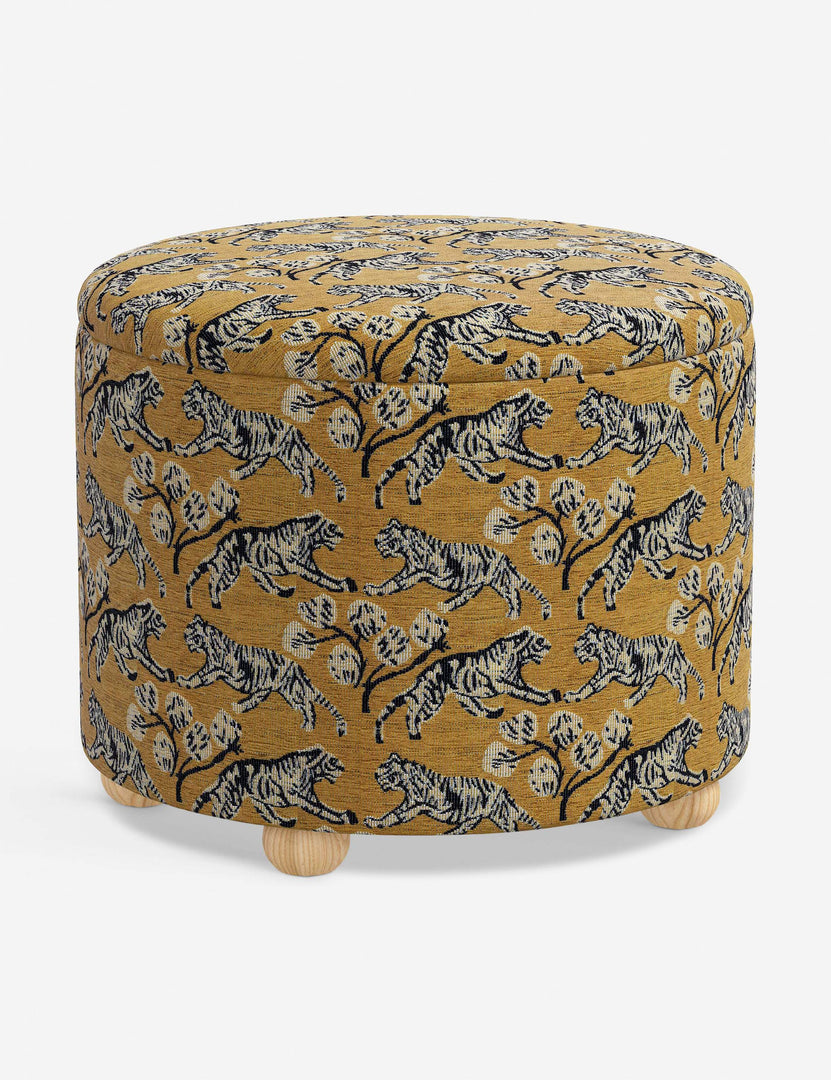 #color::tiger-gold-by-sarah-sherman-samuel #size::24-dia | Kamila tiger golden round 24 inch ottoman with storage space and pinewood feet by Sarah Sherman Samuel
