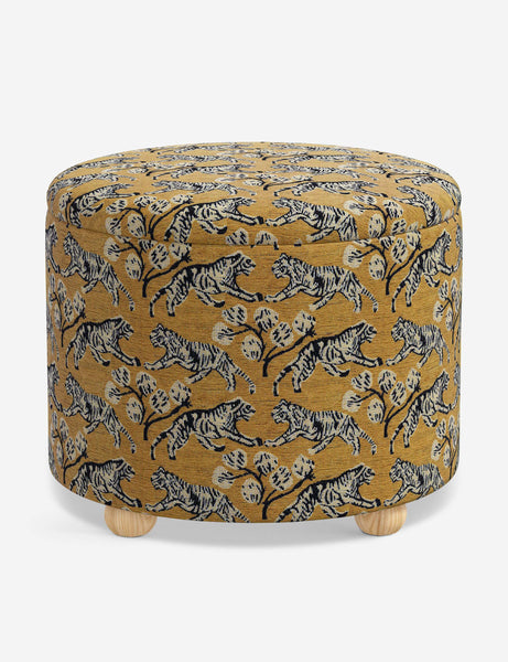 #color::tiger-gold-by-sarah-sherman-samuel #size::24-dia | Kamila tiger golden round 24 inch ottoman with storage space and pinewood feet by Sarah Sherman Samuel