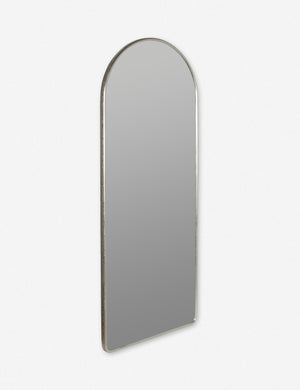 Angled view of the Shashenka silver arched floor mirror