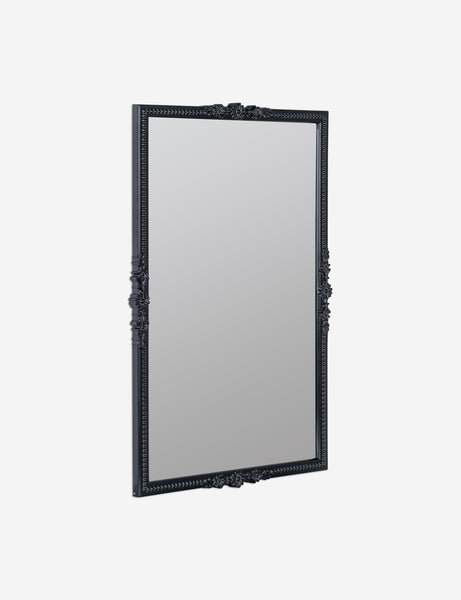 #color::black | angled view of the Cantara black rectangular floral detailed framed decorative wall mirror