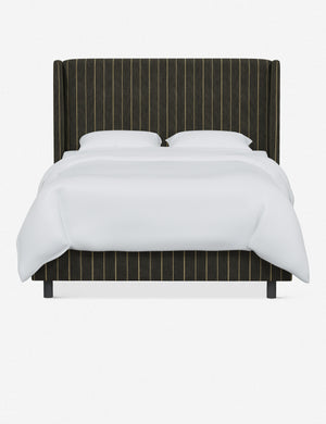 Adara peppercorn stripe linen upholstered bed.