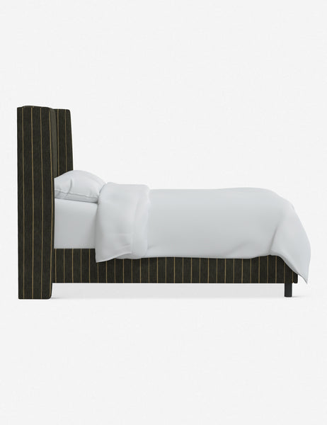#color::peppercorn-stripe #size::twin #size::full #size::queen #size::king #size::cal-king | Side view of Adara peppercorn stripe linen upholstered bed.