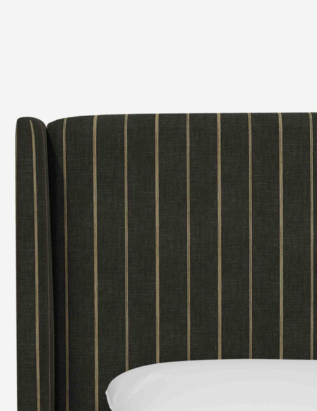 #color::peppercorn-stripe #size::twin #size::full #size::queen #size::king #size::cal-king | Close-up of the subtle winged headboard and trim lines on the Adara peppercorn stripe linen upholstered bed.