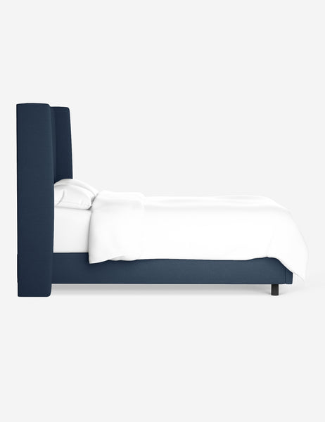 #color::navy-linen #size::cal-king #size::full #size::king #size::queen #size::twin | Side view of the Adara navy linen upholstered bed.