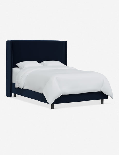 #color::navy-velvet #size::twin #size::full #size::queen #size::king #size::cal-king | Angled view of Adara navy velvet upholstered bed.