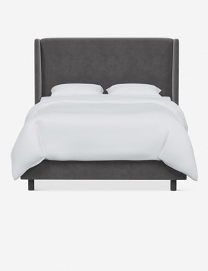 Adara gray velvet upholstered bed.
