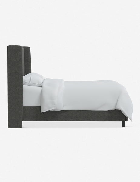 #color::charcoal-linen #size::king | Side view of the Adara gray linen upholstered bed.