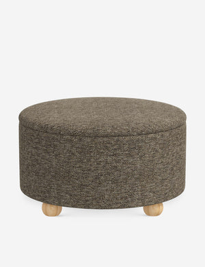 Kamila Granite Gray Performance Basketweave 34-inch round ottoman with storage space and pinewood feet