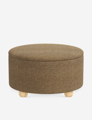 Kamila Ochre Performance Basketweave 34-inch round ottoman with storage space and pinewood feet