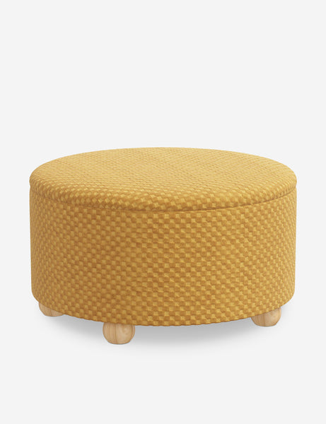 #color::hi-lo-checker-goldenrod-by-sarah-sherman-samuel #size::34-dia | Kamila Hi-Lo Checker Goldenrod round 34-inch ottoman with storage space and pinewood feet by Sarah Sherman Samuel