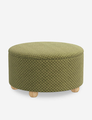 Kamila Hi-Lo Checker Olive round 34-inch ottoman with storage space and pinewood feet by Sarah Sherman Samuel