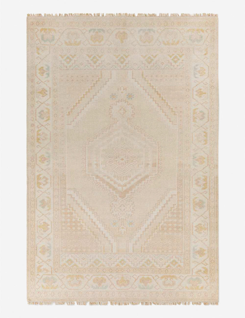 #size::2--x-3- #size::4--x-6- #size::6--x-9- #size::8--x-10- #size::9--x-12- #size::10--x-14- | Lotus hand-knotted natural-toned rug with a floral border and geometric detailing in a traditional medallion design
