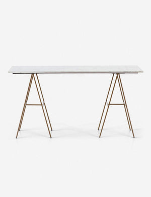 Audrey desk with a white marble top and two slim A-frame legs