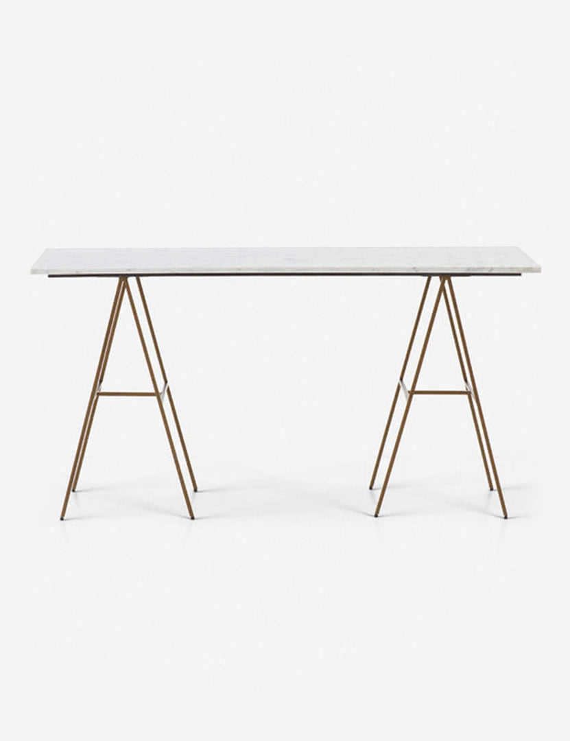 | Audrey desk with a white marble top and two slim A-frame legs
