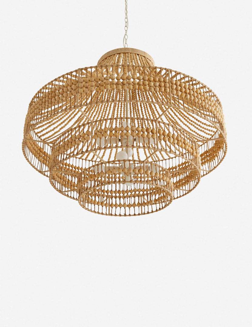 | View of the underside of the Tulane open-woven wooden chandelier by Arteriors