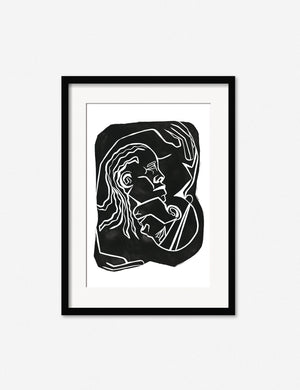 The Hold Print in a black frame features sparse elements in a close compositions rending an intimate embrace by Adrian Brandon